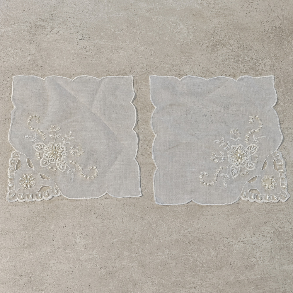 Vintage Handmade Beaded Pearl Embroidered Organza Fabric 2 Napkins Set